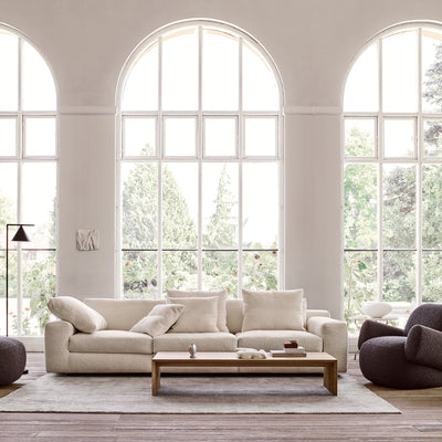 Eilersen Aton three piece sofa in latte milk curl 20 fabric with a Eilersen Havana chair GALLERY