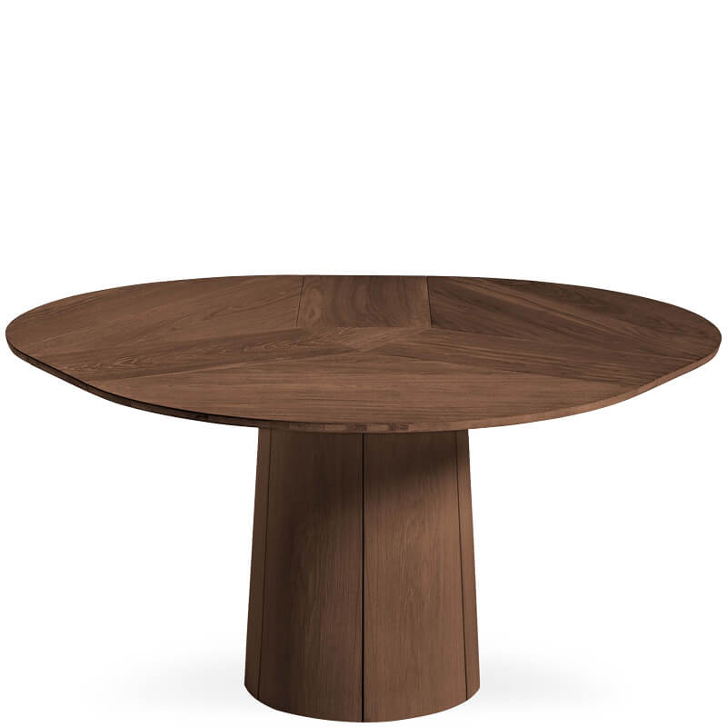 Walnut table with the leaf system opened. Opening the leaf system shows that the table goes from round to a rounded corner triangle shape